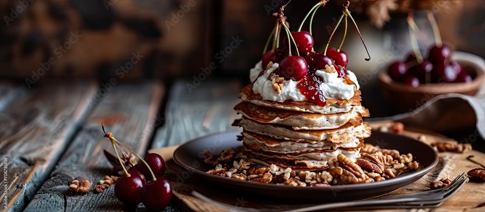 Aufkleber Pancake tower with yogurt nuts and cherry jam Healthy and wholesome food Serving food in a restaurant Photo for the menu. with copy space image. Place for adding text or design