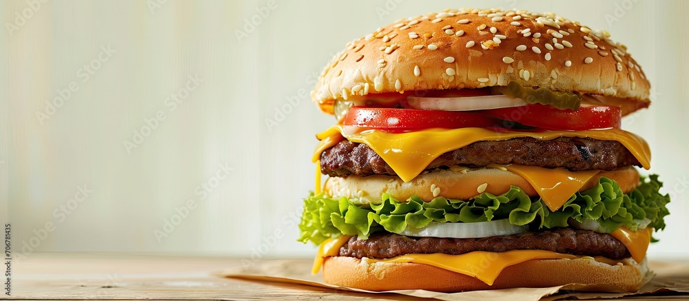 Aufkleber triple giant hamburger with cheddar cheese. with copy space image. place for adding text or design
