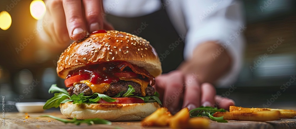 Poster professional kitchen in a hotel restaurant the chef smears sauce on the buns for the burger. with co