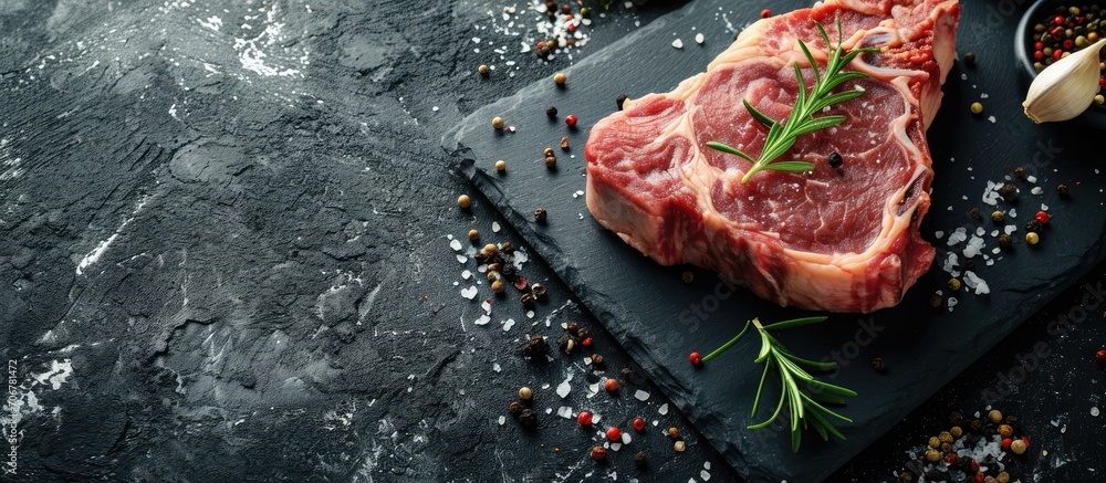 Fototapete Raw organic meat beef or lamb on a black slate board Top view with copy space. with copy space image. Place for adding text or design