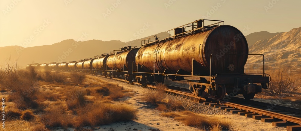Poster railway freight train with tank cars moving through the semi desert. with copy space image. place fo