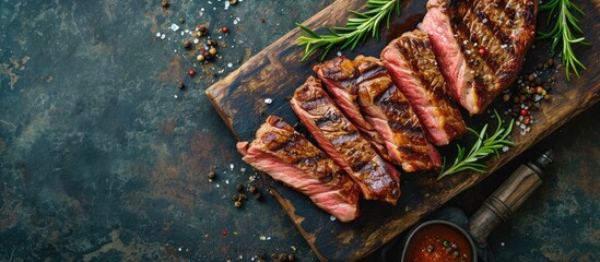 Pieces of cooked rump steak with spices served on grill pan Steak of marbled beef black Angus Raw beef ramp steak top view. with copy space image. Place for adding text or design - obrazy, fototapety, plakaty