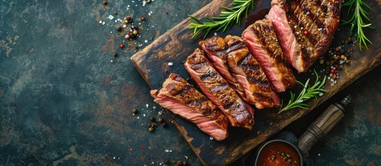 Fotobehang Pieces of cooked rump steak with spices served on grill pan Steak of marbled beef black Angus Raw beef ramp steak top view. with copy space image. Place for adding text or design © vxnaghiyev