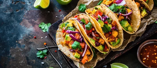 Fotobehang Tacos with Plant based canned tuna and vegan crab. with copy space image. Place for adding text or design © vxnaghiyev