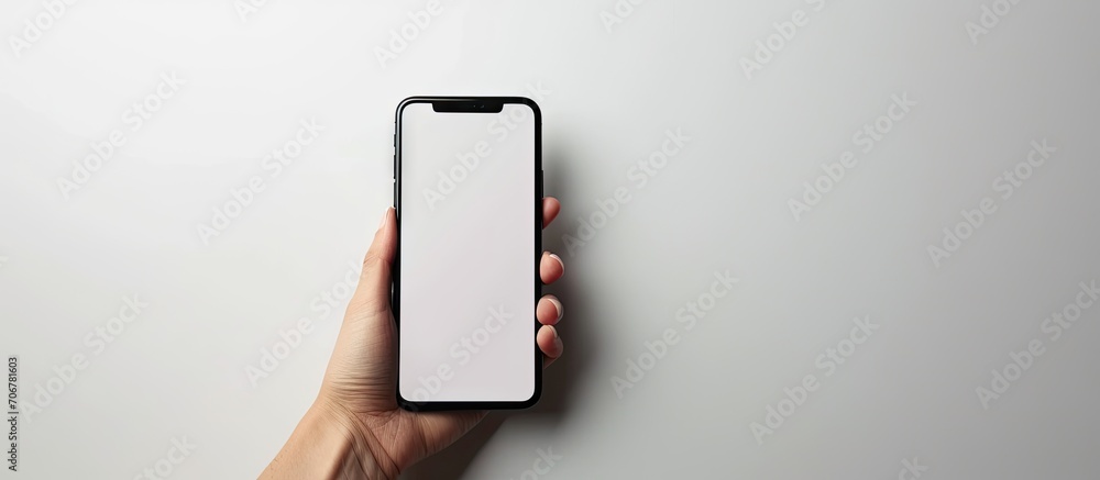 Poster The hand holding the phone with a white background In the concept of online business communication. with copy space image. Place for adding text or design