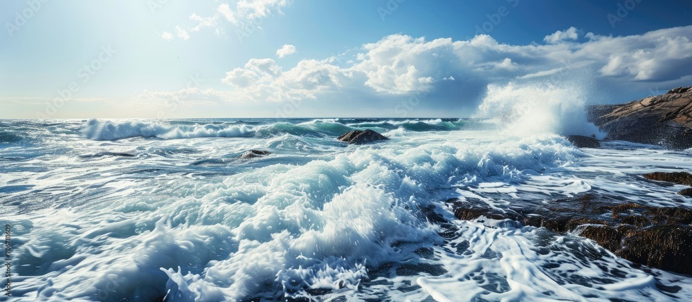 Poster Seascape A stunning seascape of the vast ocean with crashing waves and a clear blue sky. with copy space image. Place for adding text or design