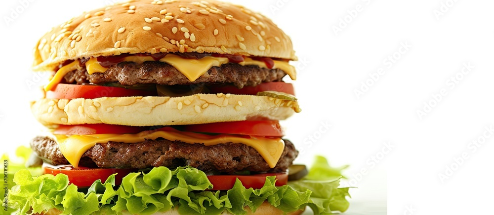 Poster triple giant hamburger with cheddar cheese. with copy space image. Place for adding text or design