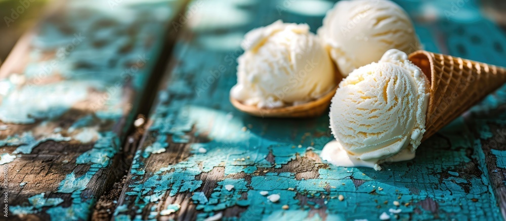 Aufkleber Serving of delicious frozen creamy vanilla ice cream on a modern rectangular plate outdoors on a blue rustic picnic table for summer dessert. with copy space image. Place for adding text or design