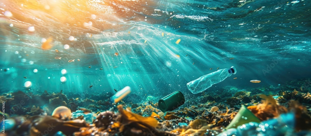 Poster Plastic ocean underwater pollution environmental problem. with copy space image. Place for adding text or design