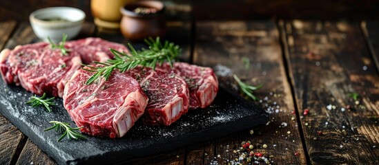 Raw dry aged wagyu rib eye beef steaks offered as close up on a rustic black board with copy space. with copy space image. Place for adding text or design - obrazy, fototapety, plakaty
