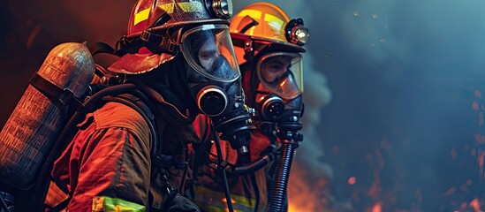 Professional firefighter assists his partner in securely fastening and adjusting the oxygen tank ensuring proper fit and functionality for respiratory support in hazardous environments - Powered by Adobe