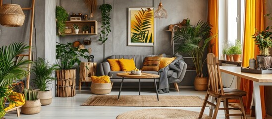 The stylish boho interior of living room at nice apartment with gray sofa wooden desk bamboo shelf coffee table honey yellow pillows plants and elegant accessories Mock up paintings on the wall