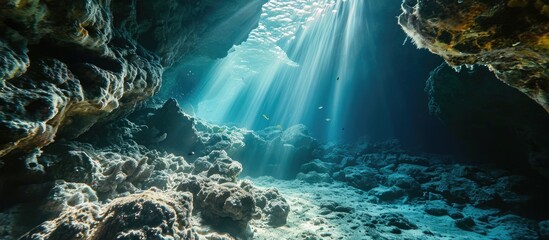 Sunlight cascades into the shadows of an underwater cavern in the Solomon Islands Many coral reefs have caves and caverns where organisms that prefer darkness lives. with copy space image - obrazy, fototapety, plakaty