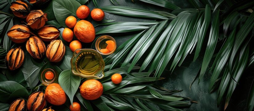 Oil palm fruits and a plate of cooking oil on leaves background. with copy space image. Place for adding text or design