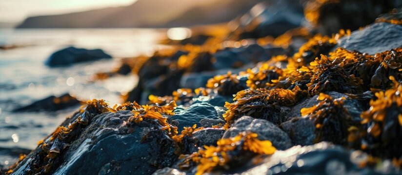 Rockweed seaweed or bladderwrack fucus vesiculosus on rocks at Trefor beach on the North Wales coast. with copy space image. Place for adding text or design