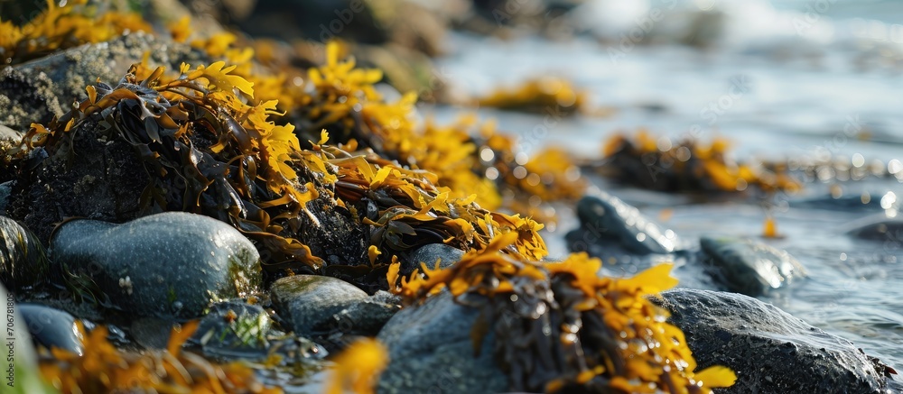 Poster rockweed seaweed or bladderwrack fucus vesiculosus on rocks at trefor beach on the north wales coast