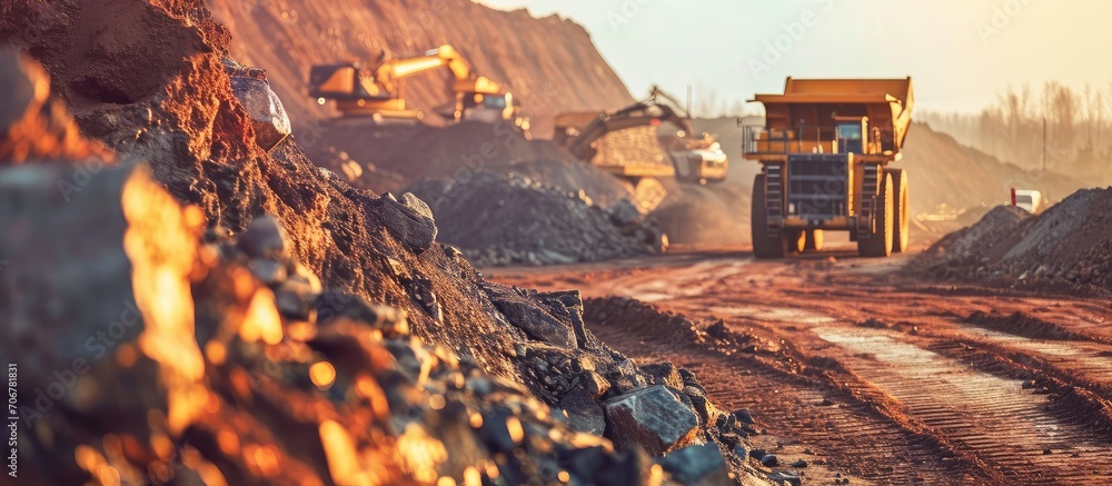 Poster quarry extracting iron ore with heavy trucks excavators diggers and locomotives. with copy space image. Place for adding text or design