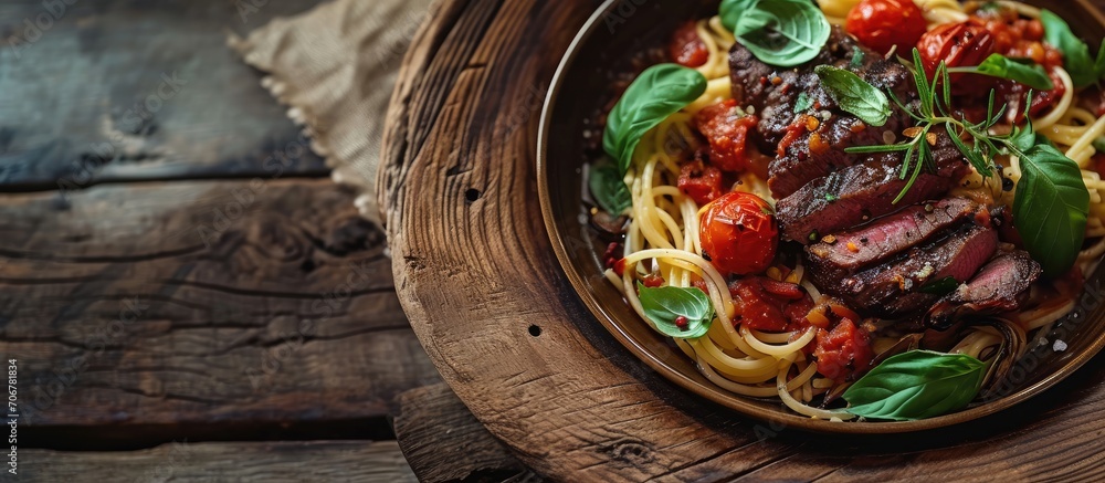 Aufkleber roasts to the wood sauce with pasta file mignon steak. with copy space image. Place for adding text or design