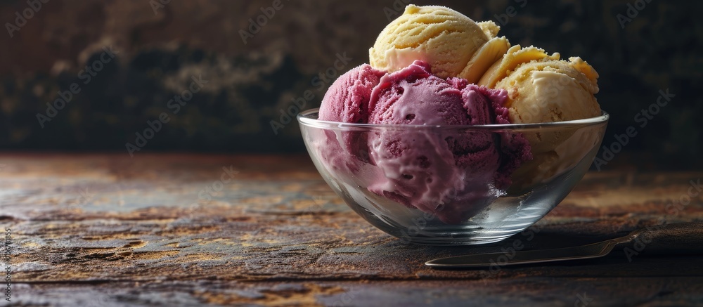 Poster neapolitan ice cream glass bowl with ice cream in strawberry vanilla and chocolate flavors. with cop