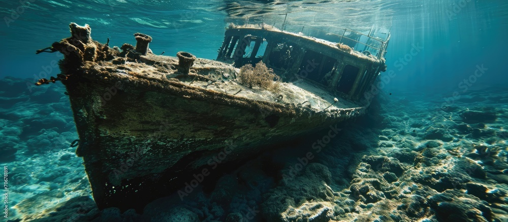 Poster SUDAN Red Sea U W photo wreck the stern of the sunken ship. with copy space image. Place for adding text or design