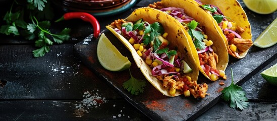 Tacos in mexican yellow corn tortilla with chicken. with copy space image. Place for adding text or design