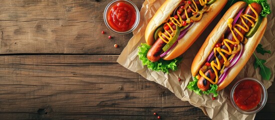 Two hot dogs with ketchup and mustard on parchment paper. with copy space image. Place for adding text or design - obrazy, fototapety, plakaty