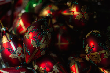 Red  Christmas decoration made by wood, Xmas decoration in gold, red and green, celebrating Christmas