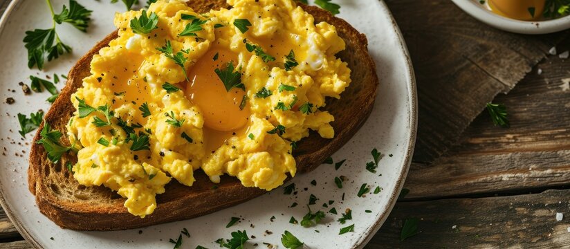 Scrambled eggs on toasted wholegrain bread Garnished with parsley. with copy space image. Place for adding text or design