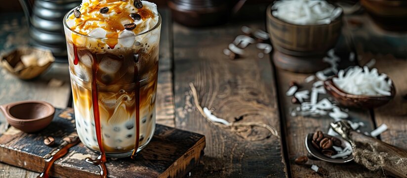 Tapioca boba balls coffee frappe asian trendy cold coffee drink with tapioca balls and whipped coconut cream and caramel sauce. with copy space image. Place for adding text or design