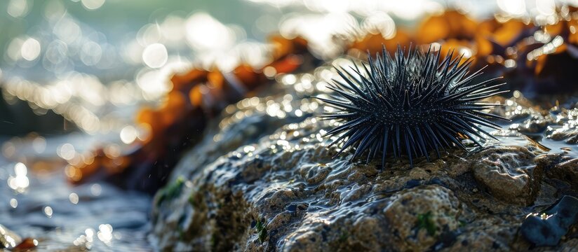 Sea urchins have hard and sharp feathers besides that most sea urchins are black and live attached to rocks. with copy space image. Place for adding text or design