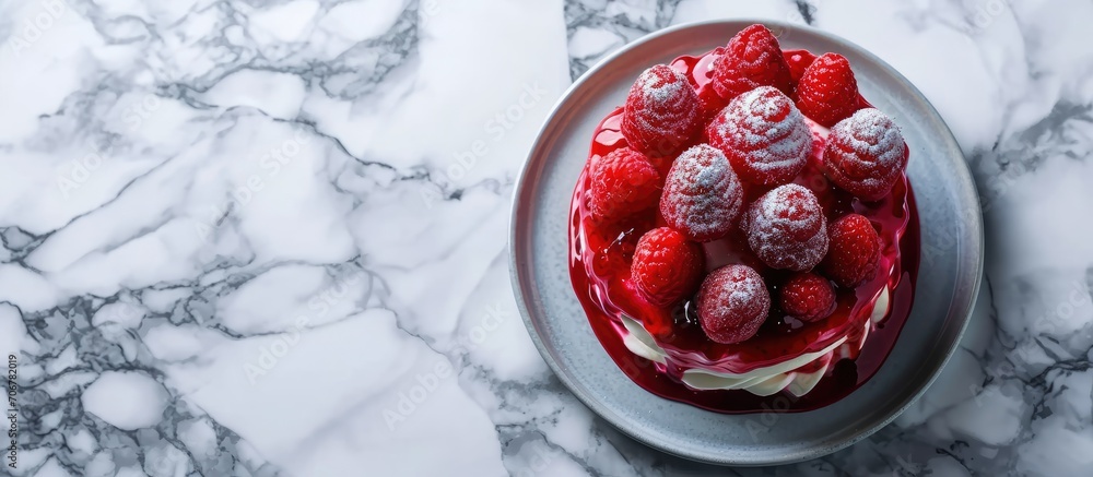 Aufkleber Raspberry ice cream dessert on marble backdrop. with copy space image. Place for adding text or design