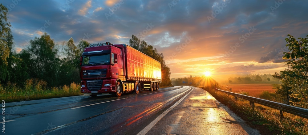 Poster truck transport on the road at sunset and cargo. with copy space image. place for adding text or des