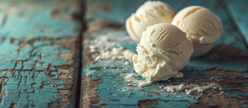 Aufkleber Serving of delicious frozen creamy vanilla ice cream on a modern rectangular plate outdoors on a blue rustic picnic table for summer dessert. with copy space image. Place for adding text or design