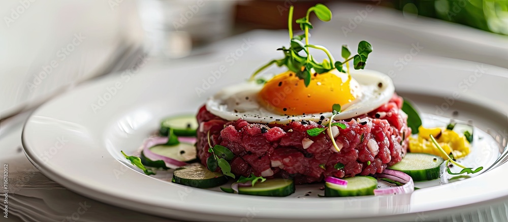 Poster traditional beef tartar served with a raw egg on top onion and cucumber in white plate ready to be e