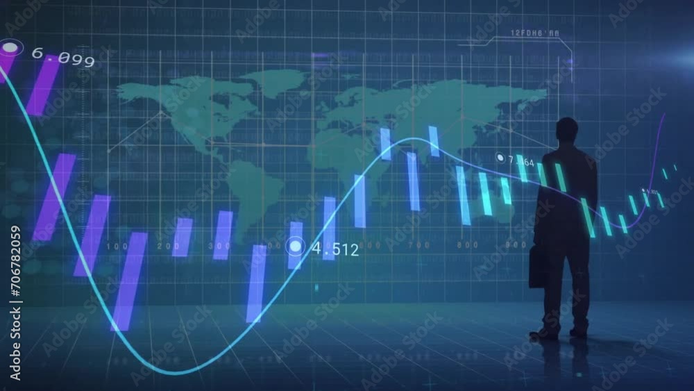 Poster animation of financial data processing over businessman and world map on dark background