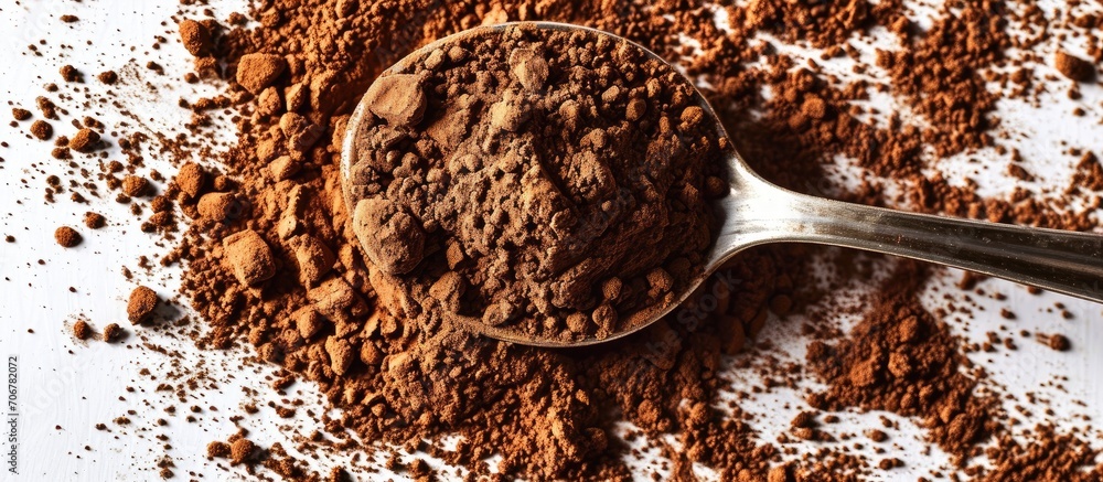 Aufkleber Top view of Cocoa powder in wooden spoon isolated on white background. with copy space image. Place for adding text or design