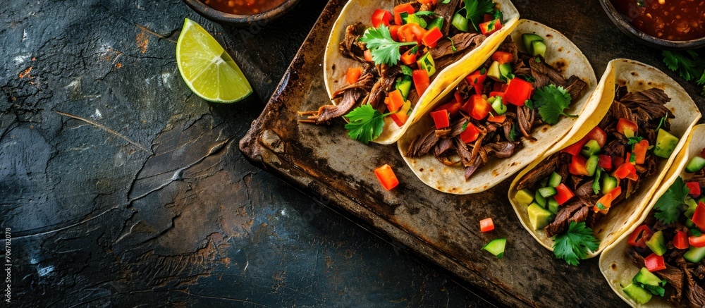 Poster three tacos on white paper on black tray with lengua meat. with copy space image. place for adding t