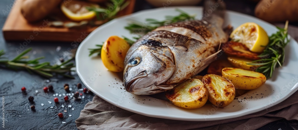 Poster Sea bream fish with potato on white plate close up. with copy space image. Place for adding text or design