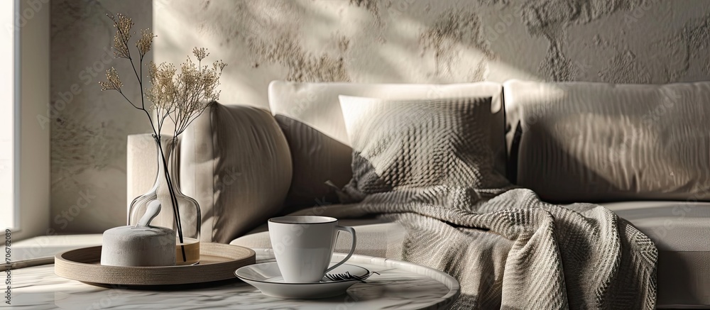 Poster Tray with cup of coffee and soft chunky knit blanket on sofa indoors. with copy space image. Place for adding text or design