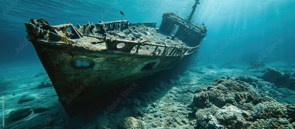 Poster SUDAN Red Sea U W photo wreck the stern of the sunken ship. with copy space image. Place for adding text or design