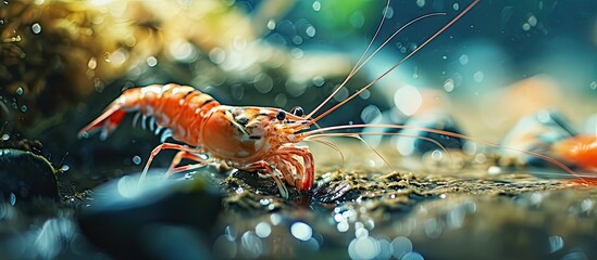 Raw white shrimp on hands in front of the aquaculture pond. with copy space image. Place for adding text or design