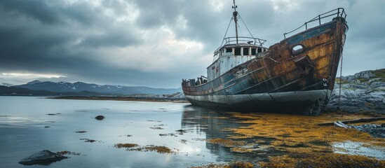 Old wooden ship wreck on the shore Low tide and the vessel is visible between the sand and seaweed Shipwreck scene with really old rotten vessel Cloudy cold summer day in Northern norway