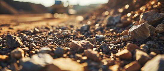 Open pit mining quarry processes crushed type rock with gravel conveyance in work. with copy space image. Place for adding text or design