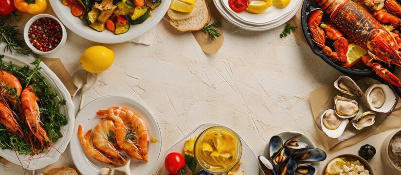 Shrimp and Crawdad boil food piled on paper taped to table and people in line picking out what they want paper plates. with copy space image. Place for adding text or design