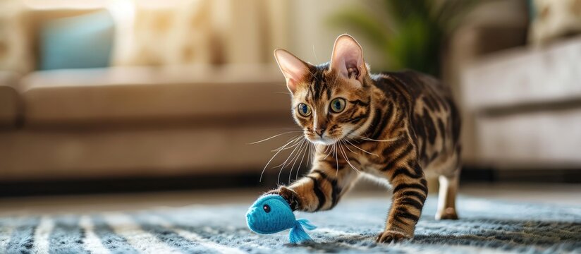 Playful young white purebred Bengal cat hunting on a blue fish toy on a fishing rod in a pastel coloured Scandinavian design interior. with copy space image. Place for adding text or design