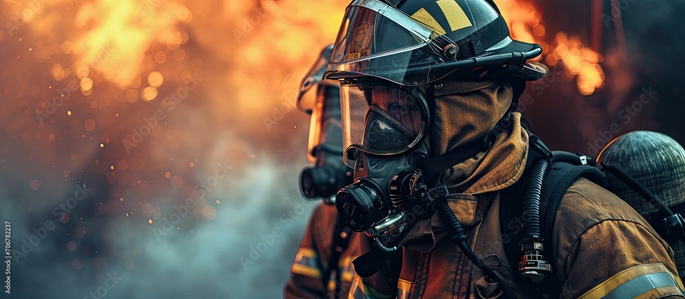 Poster Professional firefighter ensures that the zipper aligns perfectly creating a snug and secure fit that enhances their partner s comfort and mobility during firefighting missions. with copy space image
