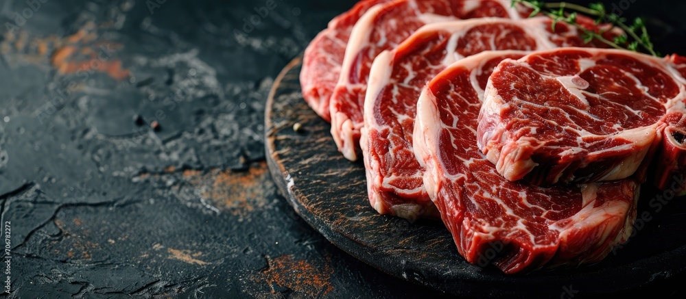 Poster Raw dry aged wagyu rib eye beef steaks offered as close up on a rustic black board with copy space. with copy space image. Place for adding text or design