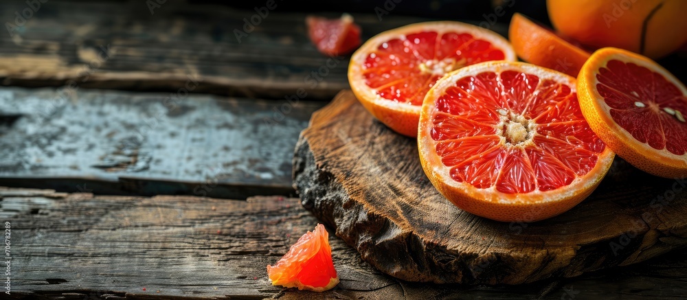 Poster slices of red juicy grapefruit on the wooden board grapefruit skin. with copy space image. place for