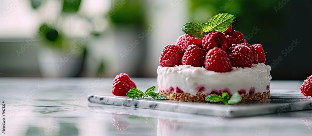 Poster Raspberry ice cream dessert on marble backdrop. with copy space image. Place for adding text or design
