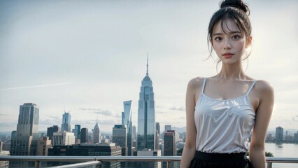 Fototapeta na wymiar Asian pretty woman model skyscraper